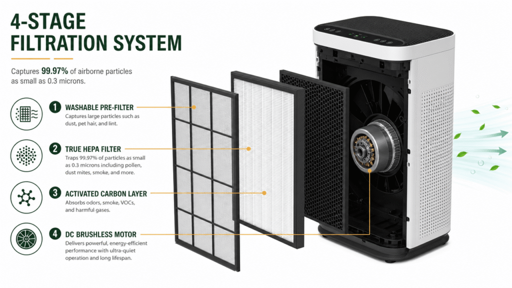 Air purifier for pets cutaway infographic showing pre-filter, HEPA, and carbon layers