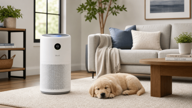 Air purifier for pets running in a living room with a resting dog nearby