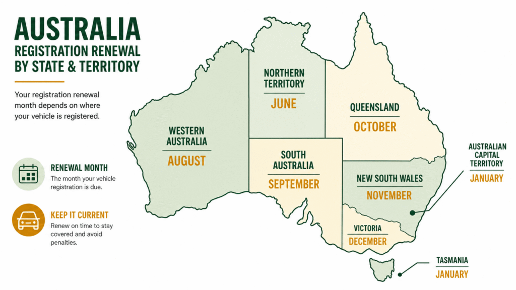 Map infographic comparing dog registration renewal dates across Australian states and territories