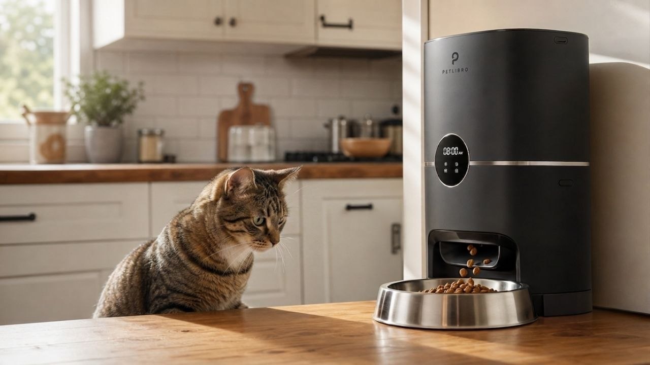 Smart cat feeder review — cat waiting for an automatic feeder to dispense food