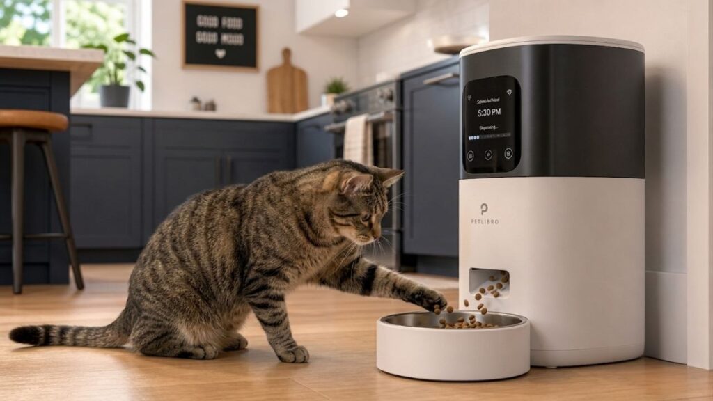 a cat looking expectantly at a smart feeder dispensing food,