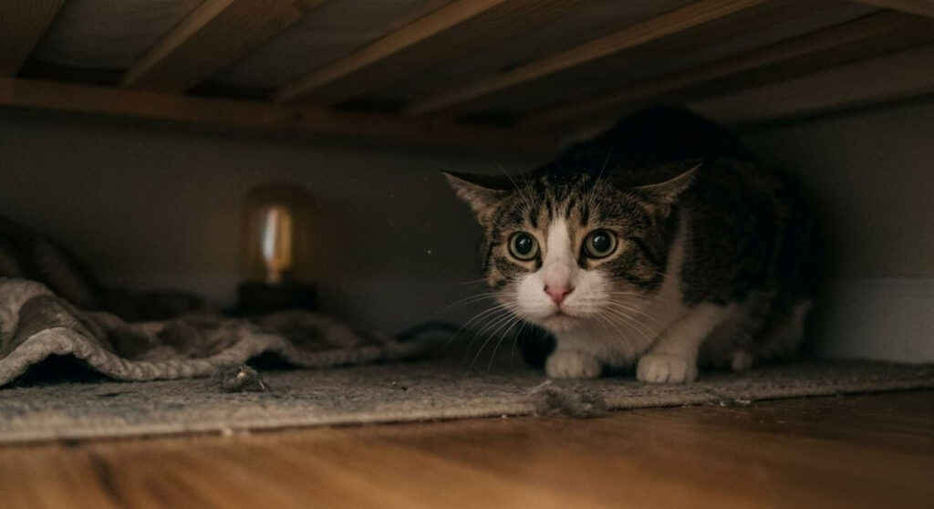 cat hiding under bed showing pet anxiety symptoms