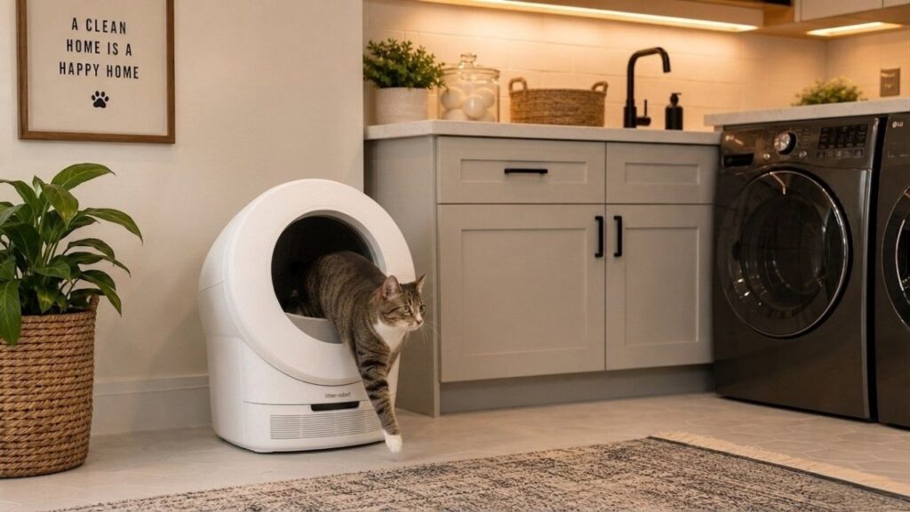 cat using self-cleaning litter box Litter-Robot