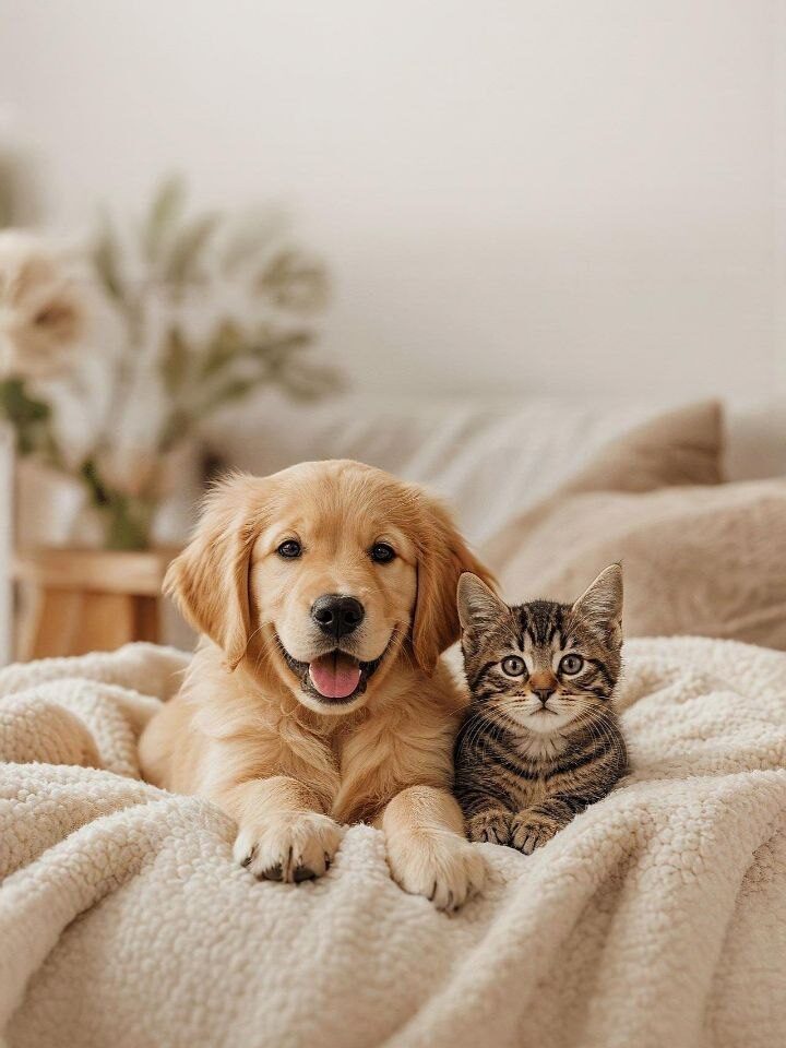 A puppy and kitten cuddling, representing smart pet care guides.