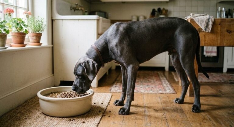 Smart dog feeder review — large breed dog eating from a slow-feed bowl