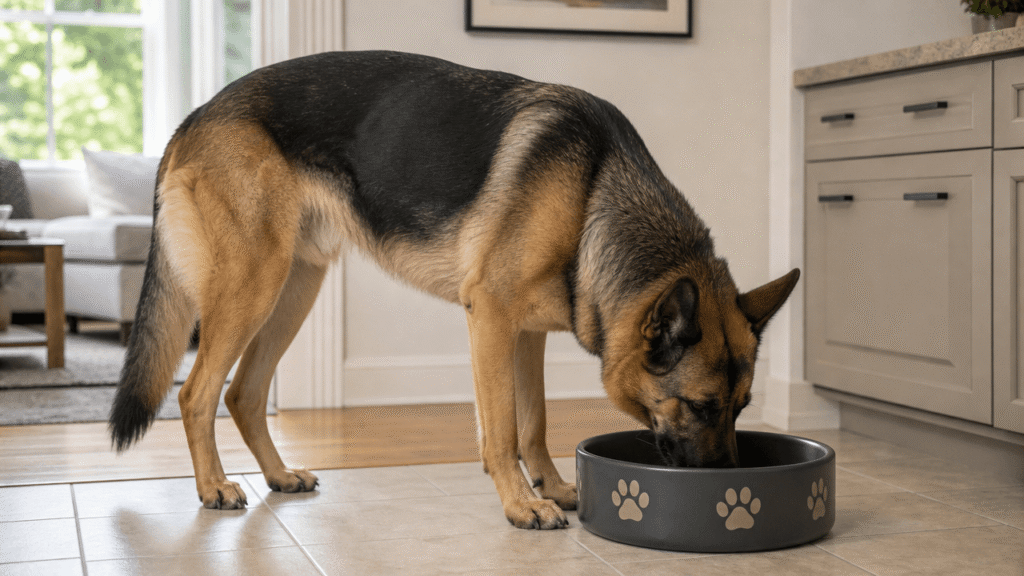 German shepherd eating slowly in a large bowl