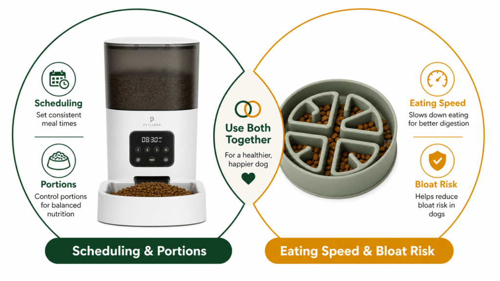 Smart dog feeder review infographic comparing electronic feeders to slow-feed bowls