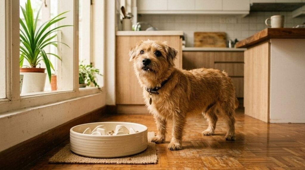 small dog eating from a slow-feed bowl quickly