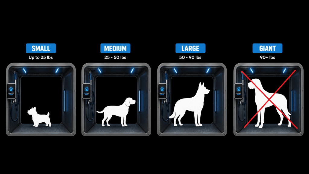 side-by-side size comparison graphic — small, medium, large, giant breed silhouettes inside a wash cabin outline