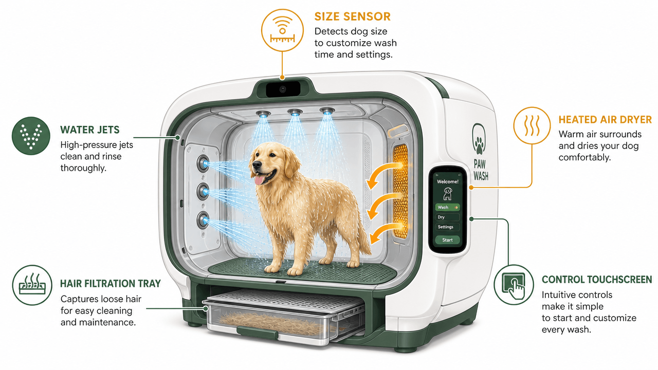 future AI automatic robotic dog wash machine