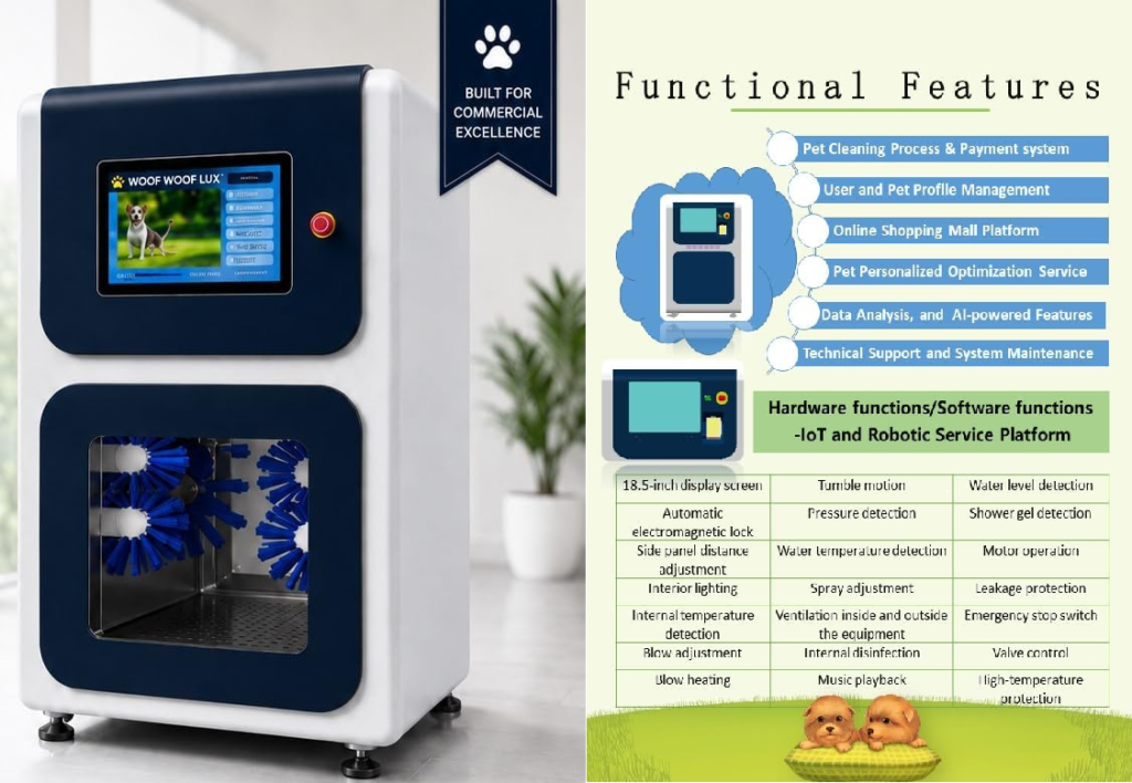 a real product photo of the automated AI dog wash machine by WoofWoof Lux unit, sourced from the official site