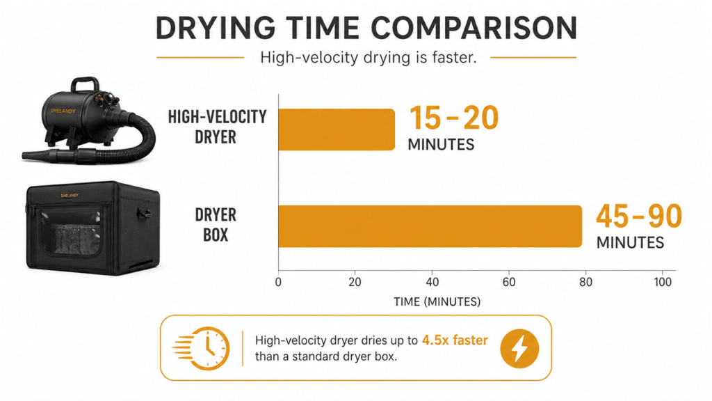 Infographic comparing drying time between a high-velocity dryer and a pet dryer box