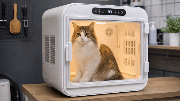 Pet dryer box review — cat sitting calmly inside an enclosed drying cabinet