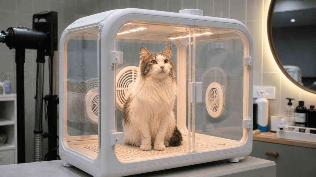 Pet dryer box review — cat sitting inside an enclosed drying cabinet looking anxious