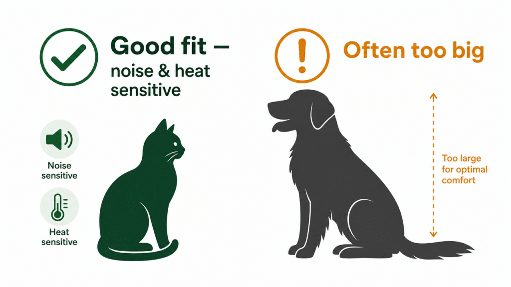 Infographic comparing pet dryer box suitability for cats versus large dogs