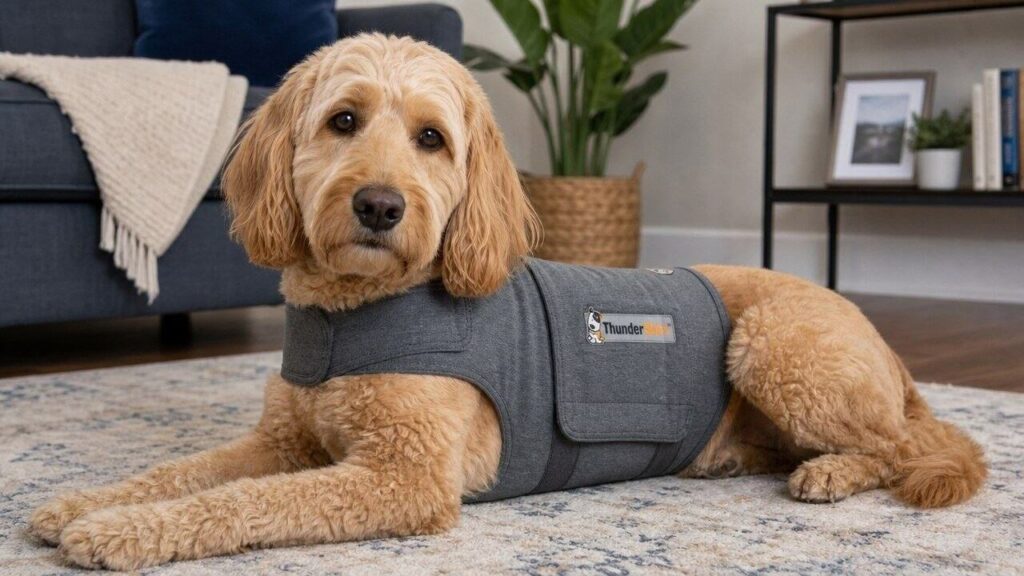 dog wearing ThunderShirt for pet anxiety relief