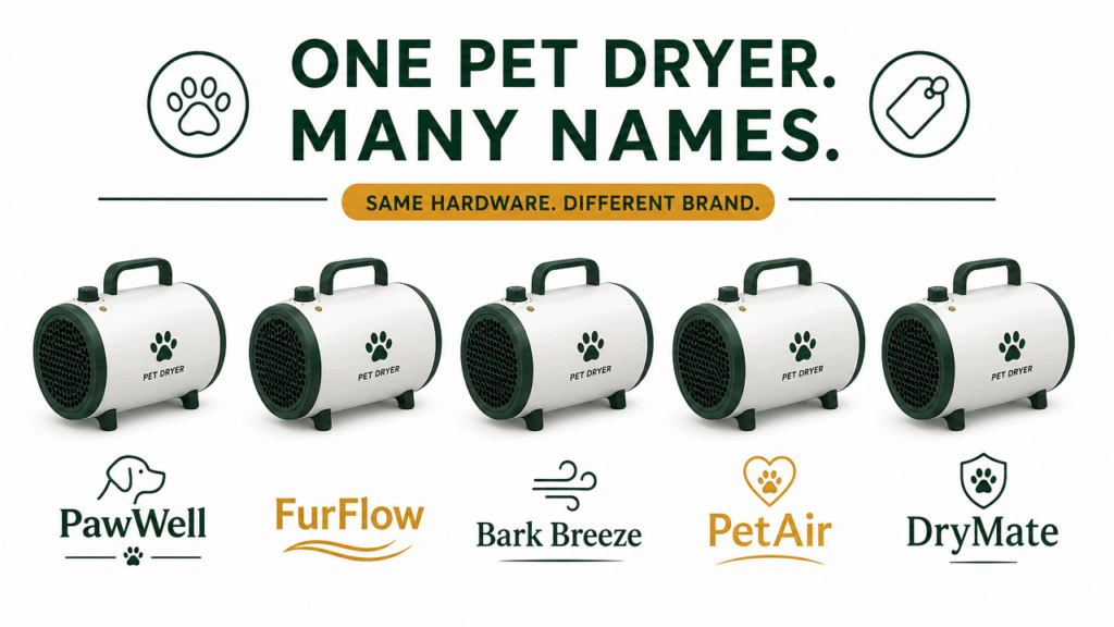 Infographic illustrating how identical high velocity dryer hardware is sold under multiple different brand names