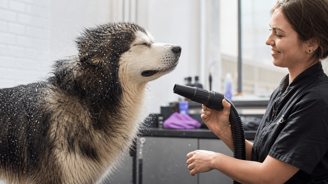 High velocity pet dryer review — dog being dried with visible water blowing off the coat