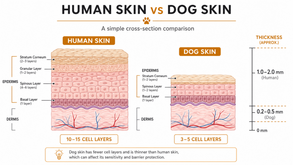 Infographic comparing human and dog skin thickness to explain hair dryer burn risk