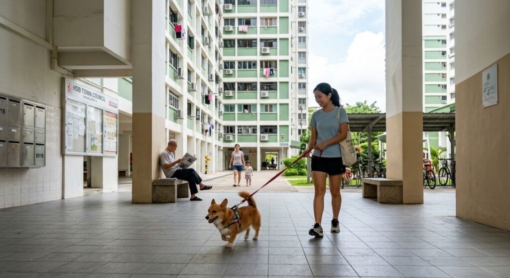 HDB high-rise flats in Singapore with a small dog on a leash in the void deck