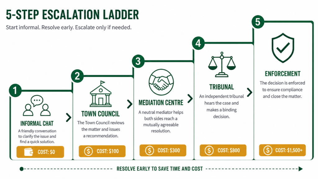 Infographic showing the HDB pet complaint escalation ladder from informal chat to enforcement