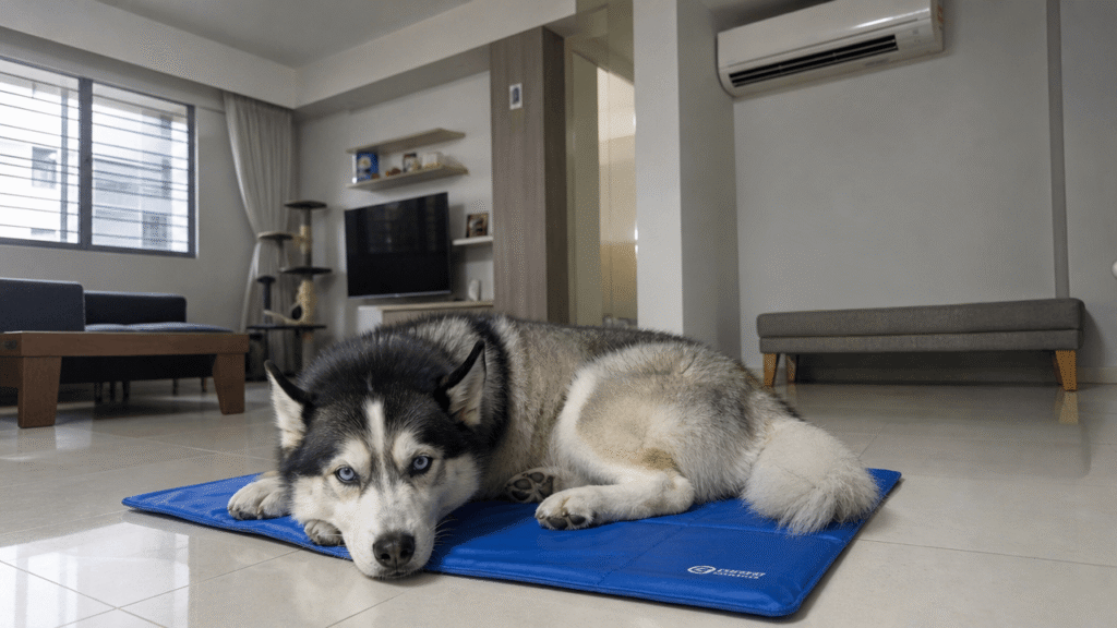 a husky resting on a cooling mat indoors, air-conditioning unit