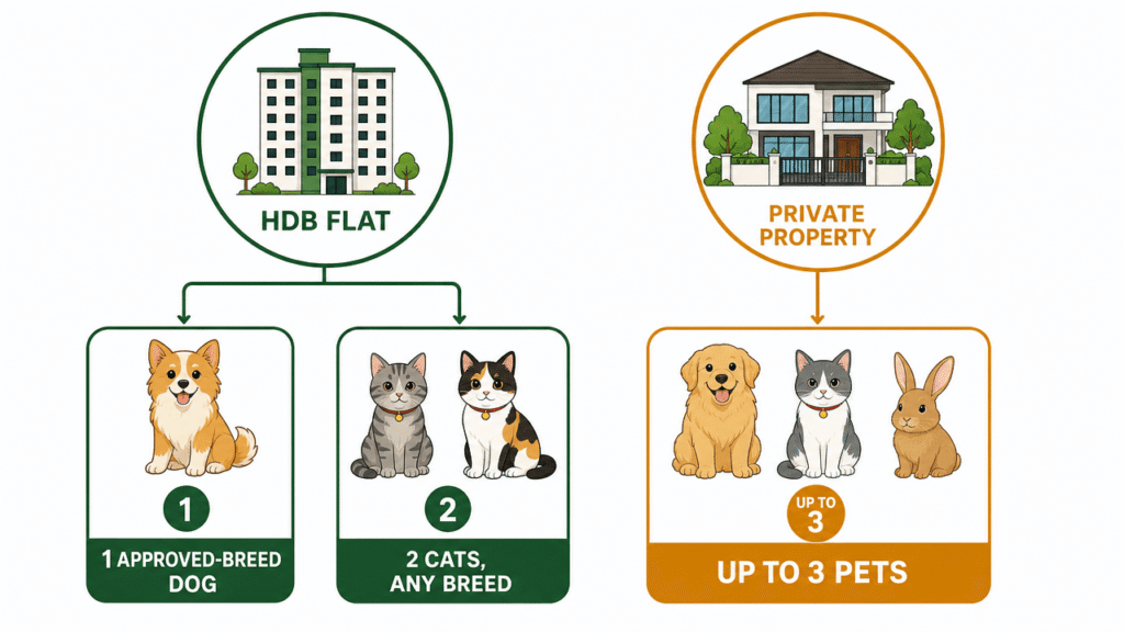 Infographic comparing HDB flat versus private property pet ownership rules in Singapore