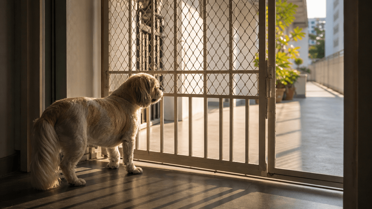 Real life with pets in an HDB flat — small dog at a closed mesh gate in a Singapore corridor