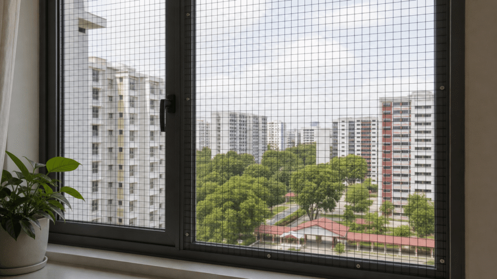 a window with secure cat mesh installed, view of an HDB estate