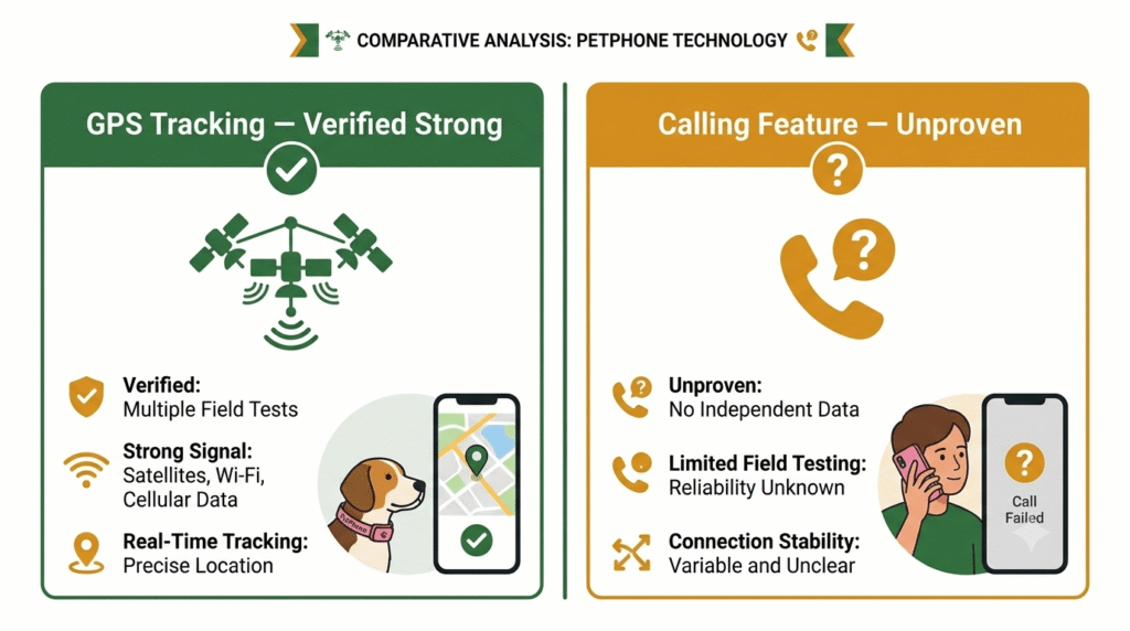 Infographic comparing verified strengths and unproven claims of the PetPhone smartphone for pets