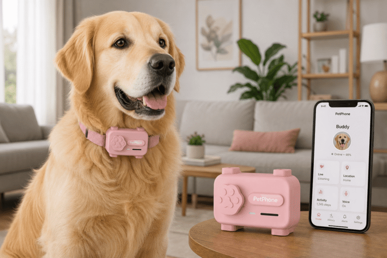 PetPhone smartphone for pets — dog wearing a smart GPS collar device indoors