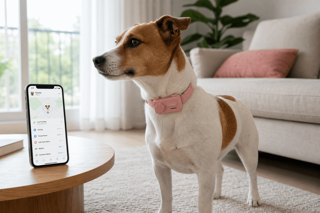 a dog wearing a sleek collar-mounted device, clean modern home interior, smartphone visible nearby showing a companion app