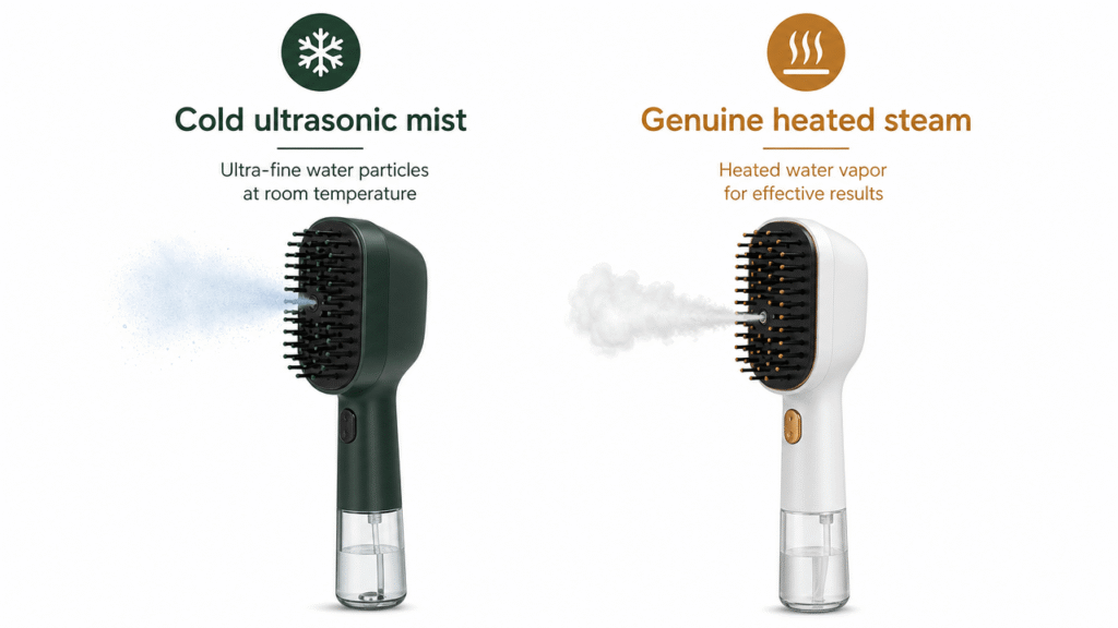 Infographic comparing cold ultrasonic mist versus genuine heated steam grooming brushes