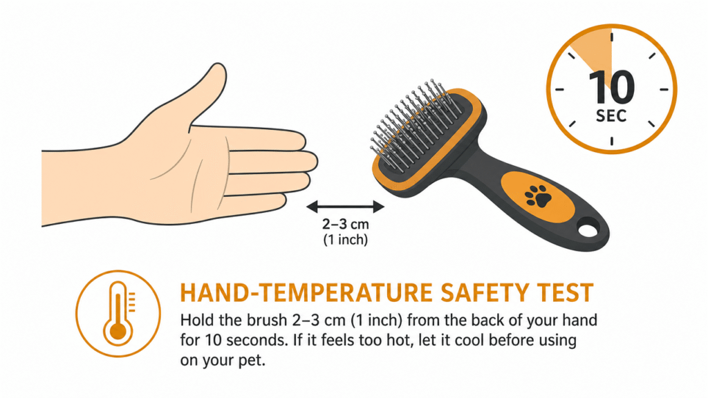 Infographic illustrating the 10-second hand temperature safety test for steam grooming brushes