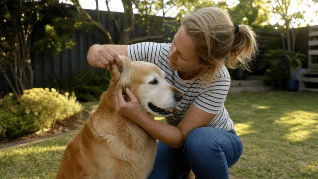 owner checking dog for paralysis tick Australia east coast