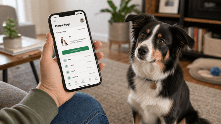 AI dog training apps review — owner using a training app with an attentive dog
