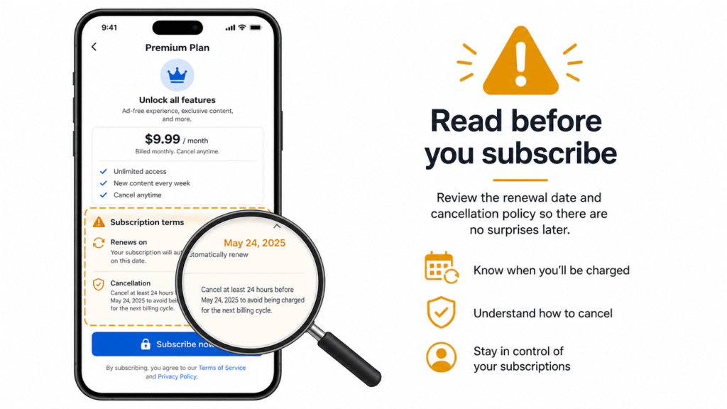 Infographic illustrating the importance of checking subscription billing terms before using a dog training app