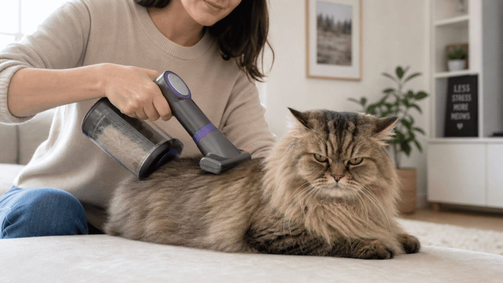 Pet grooming vacuum review — grooming a heavy-shedding cat with a cordless vacuum