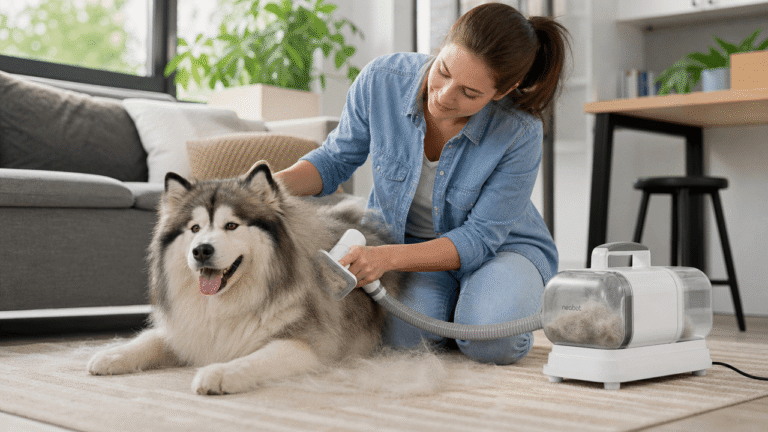 Pet grooming vacuum review — grooming a heavy-shedding dog with a vacuum attachment