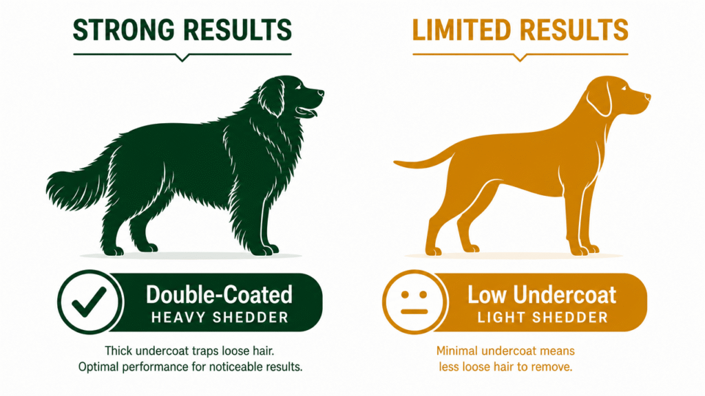 Infographic comparing pet grooming vacuum effectiveness by coat type