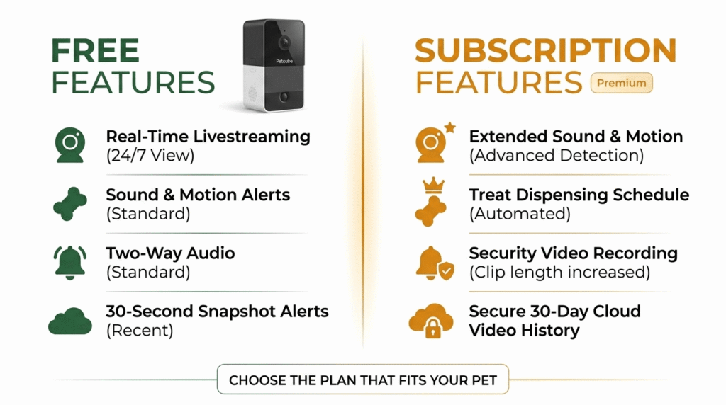 Wifi pet camera review infographic comparing free and subscription features