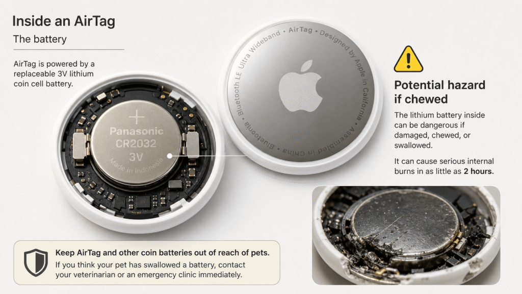 Illustration explaining the internal battery risk inside an AirTag if chewed.