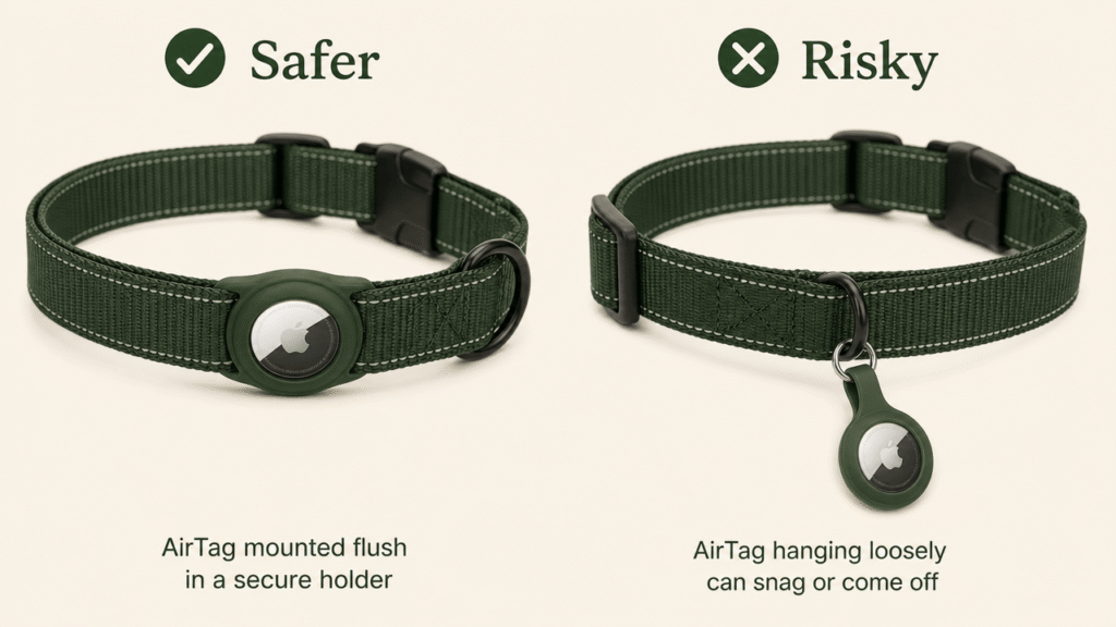AirTag on dog collar safety guide: secure flush mount versus risky hanging attachment.