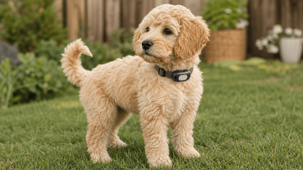 Illustration of a dog wearing a securely-mounted tracking device on its collar.