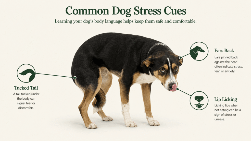 Dog anxiety symptoms by breed: illustrated body language warning signs.