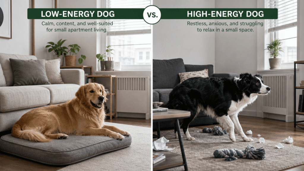 Illustration comparing breed energy needs against apartment living space