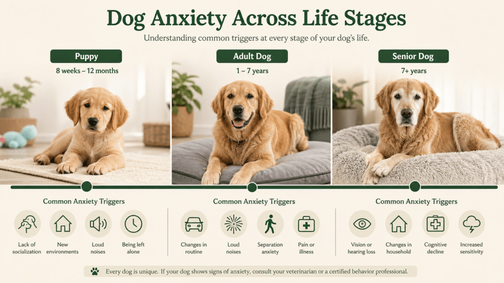 Illustrated timeline of dog anxiety causes across puppy, adult, and senior life stages.
