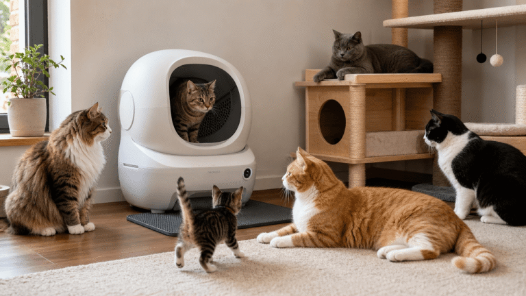 Illustration of a multi-cat household using a compact self-cleaning litter box