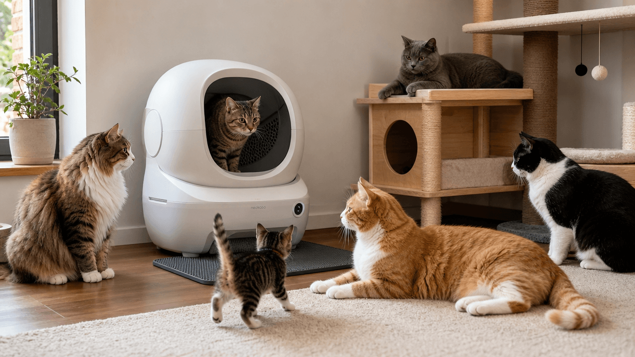 Illustration of a multi-cat household using a compact self-cleaning litter box