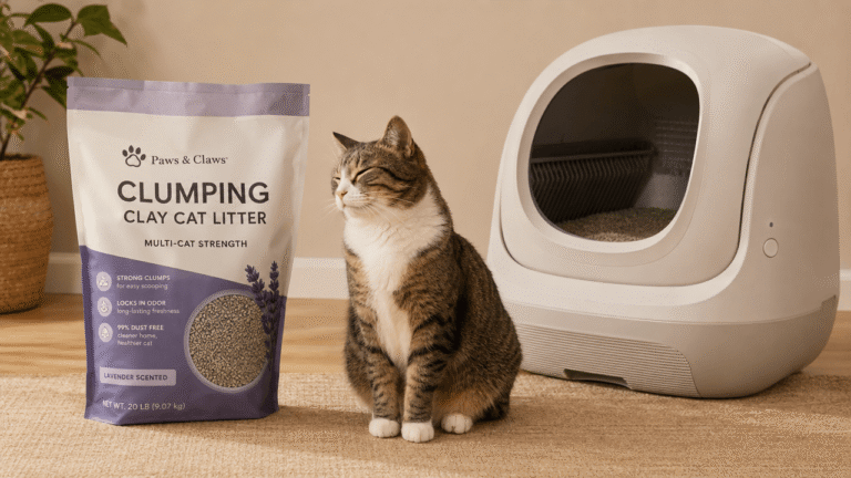 Illustration of a cat beside a self-cleaning litter box filled with clumping clay litter
